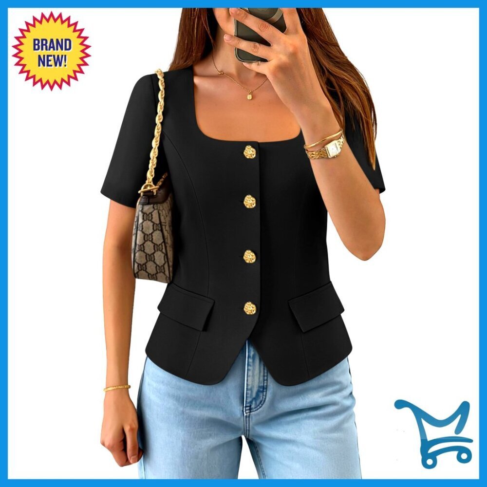 Short Sleeve Blazer Vest Crop Top Square Neck Button Down Work Casual